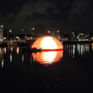 Sunset in Delft, Highlight festival 2021. Night photo of inflatable artwork