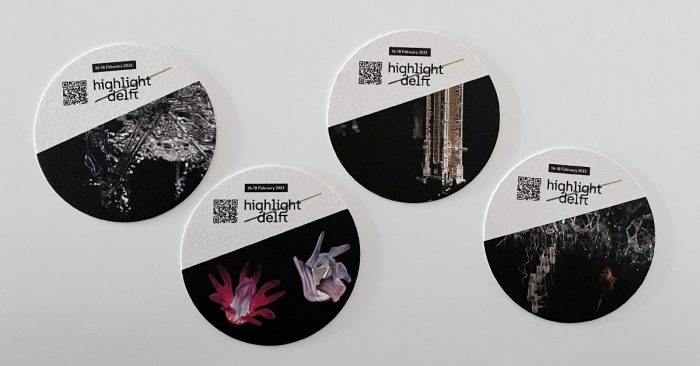 Set of 4 beer coasters featuring augmented reality versions of art of Highlight Delft 2023.